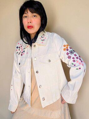 Anthopologie Dolan beige floral multicolor embroidered cotton denim jacket W's M
